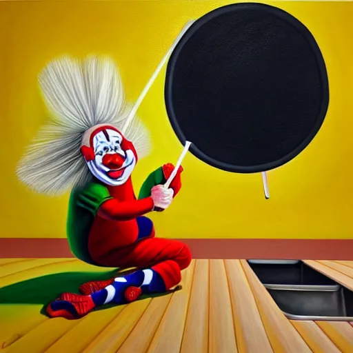 Image similar to hyperrealism painting from the housefly perspective getting swatted at from an angry and sick clown man with a fly swatter in the kitchen