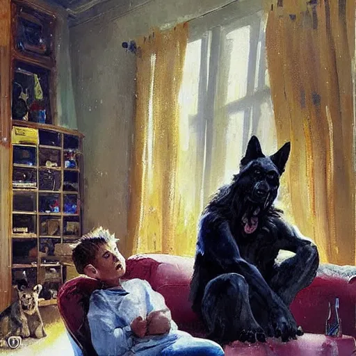 Image similar to a humanoid german shepherd beast - man, sitting and watching a soccer match in his house on television, he has hurt his knee and is a dad, by erin hanson, alexi zaitsev, karl spitzweg, award winning, tv set