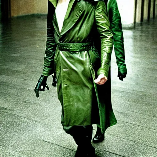 Prompt: David Bowie starring as Neo in The Matrix, green Matrix effect, leather trench coat, cinematic portrait