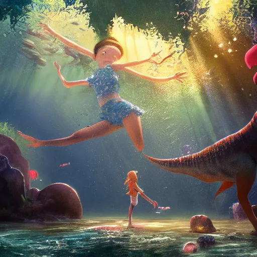 Image similar to young girl dancing underwater in redwood forest with dinosaurs, light rays through water, sharp focus, studio ghibli, Hayao Miyazaki, oil painting, artbook, Makoto Shinkai, Highly Detailed, Cinematic Lighting, 8k, HD