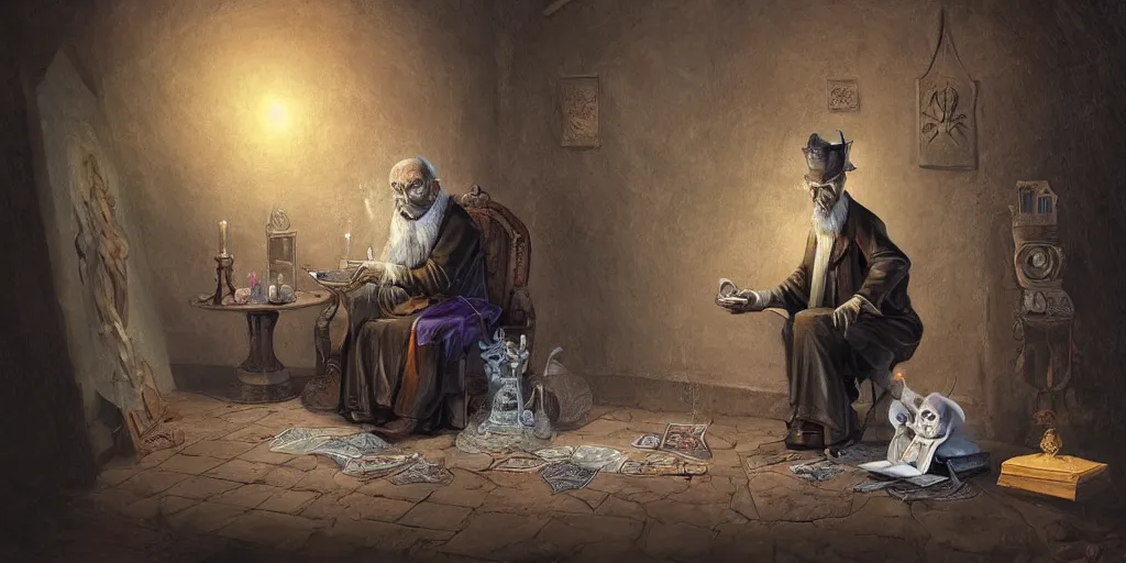 Prompt: wizened aristocrat examining the mysteries of tarot cards on a magical blackboard, background is magical blackboard with chalk,, fantasy art, matte painting, high quality, digital painting, artwork by tony sart