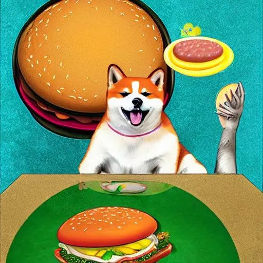 Image similar to a fortune-telling shiba inu reading your fate in a giant hamburger, digital art