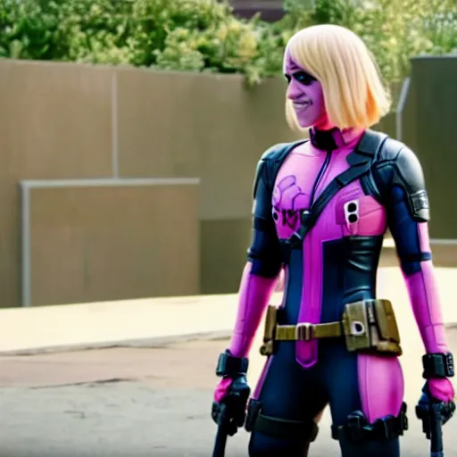 Image similar to A still of Gwenpool in Deadpool 3 (2023), no mask, blonde hair with pink highlights