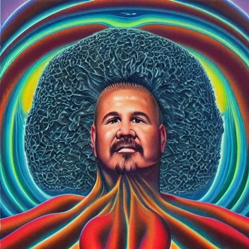 Image similar to 8 0 s new age album cover depicting a mushroom cloud in the shape of guy fieri, very peaceful mood, oil on canvas by alex grey