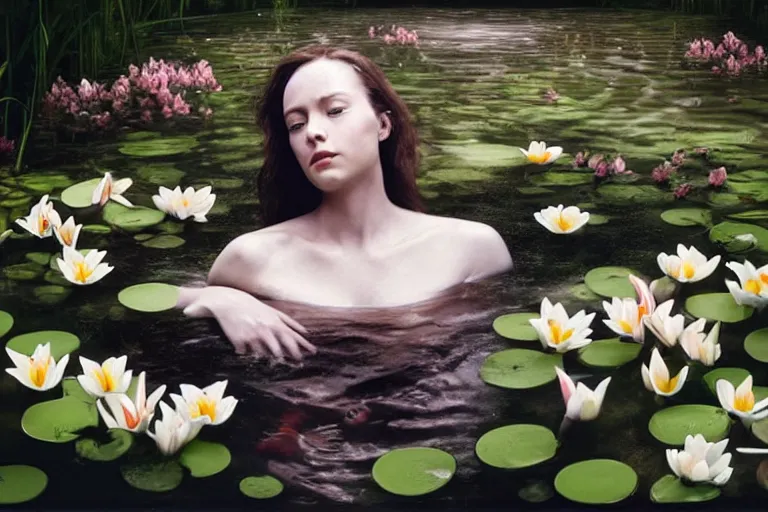 Image similar to cinematic 3 d portrait of a woman's porcelain head and shoulders floating in a pond, surrounded by a forrest of lillies, deep focus, intricate, elegant, highly detailed, matte, sharp focus, by bill henson and gregory crewdson and james jean