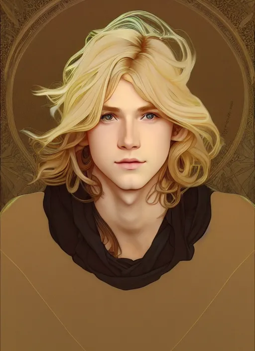 Image similar to pretty young man with shoulder length shiny shimmering golden blond hair, path traced, highly detailed, high quality, digital painting, by studio ghibli and alphonse mucha, leesha hannigan, disney