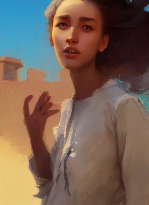 Image similar to digital art of a beautiful girl wearing a shirt standing in front of a ruined apartment complex, desert composition, sunlit, expressive oil painting, by artgerm, by jeremy lipking, anime style, octane render, bright colors, face!!!! close - up