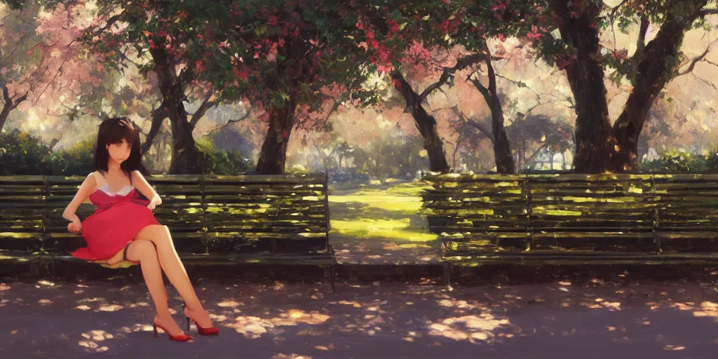 Prompt: A ultradetailed beautiful panting of a stylish woman siting on a park bench, Oil painting, by Ilya Kuvshinov, Greg Rutkowski and Makoto Shinkai