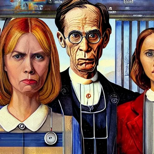 Image similar to American Gothic, with Doctor Who and the TARDIS, by MARVEL comics and Sandra Chevrier, 8k