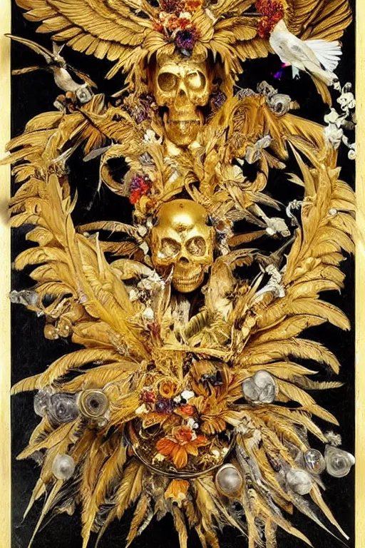 Image similar to A flying icarus reaching for the golden sun with a skull mask and golden wings as a Greek sculpture, quartz crystal skull, wreath of flowers and abstract eyes, bouquet of bones, many large flying monster eyes, silk, fabric, birds, flowers. baroque elements, human skull. full-length view. baroque element. intricate artwork by caravaggio. many many birds birds on background. Trending on artstation. halo. octane render, cinematic, hyper realism, octane render, 8k, depth of field, 3D