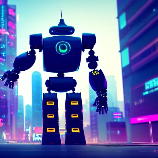 Image similar to a cute big robots in a cyberpunk city. super realistic 8 k render of a elegant, cinematic composition