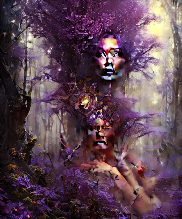 Prompt: ultra detailed magical realism portrait painting of the beautiful empress of the enchanted glowing purple forest, volumetric lighting, depth of field, illusion, intricate details, by karol bak, greg rutkowski, peter mohrbacher.
