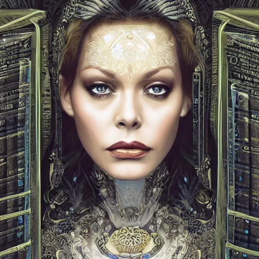 Image similar to a portrait of ornella muti as the goddess minerva surrounded by stacks of books, bioluminescent gown with deep level of detail of esoteric symbols, urban motifs, intricate, elegant, highly detailed, digital painting, trending on artstation, concept art, smooth sharp focus, illustration, art by artgerm and greg rutkowski