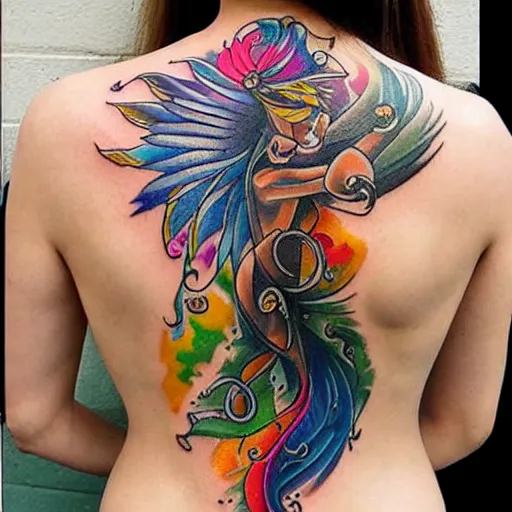 Image similar to tattoo along female back, epic, colorful, beautiful, intricate detail