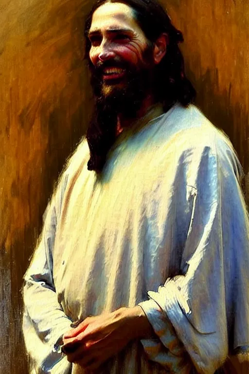 Image similar to impressionist brushstrokes!!!!!!!!! solomon joseph solomon and richard schmid and jeremy lipking victorian loose genre loose painting full length portrait painting of jesus with a slight smile happy inviting