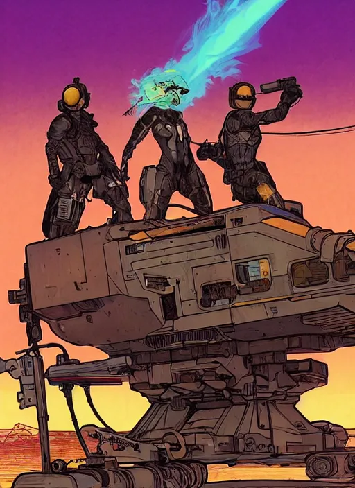 Prompt: cyberpunk cartel kill team on hover skiff. burning oil rig in the background. portrait illustration, pop art, art by ashley wood, alphonse mucha, laurie greasley and josan gonzalez. cinematic. dynamic lighting. realistic proportions. creative design. cell shading