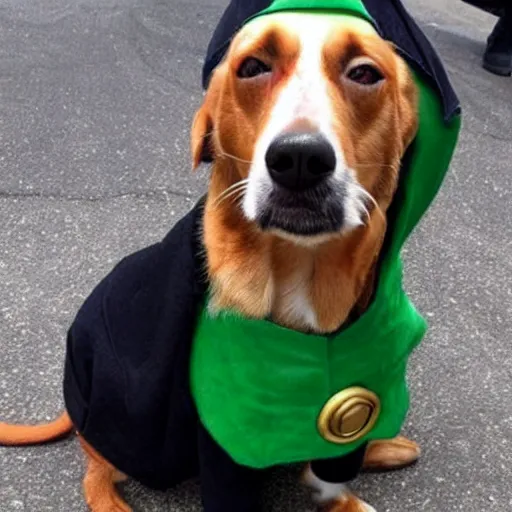 Image similar to a dog named Loki that is dressed like Loki