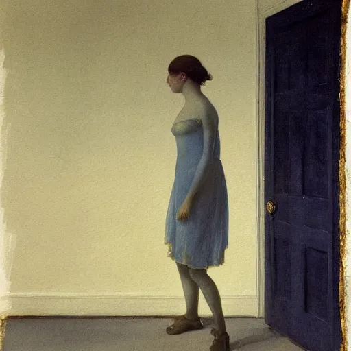 Image similar to close up of a girl in a blue and gold haunted liminal abandoned room, watercolor by canova, by hammershøi, art noveau, highly detailed, lights by edward hopper, liminal, eerie, bright pastel colors