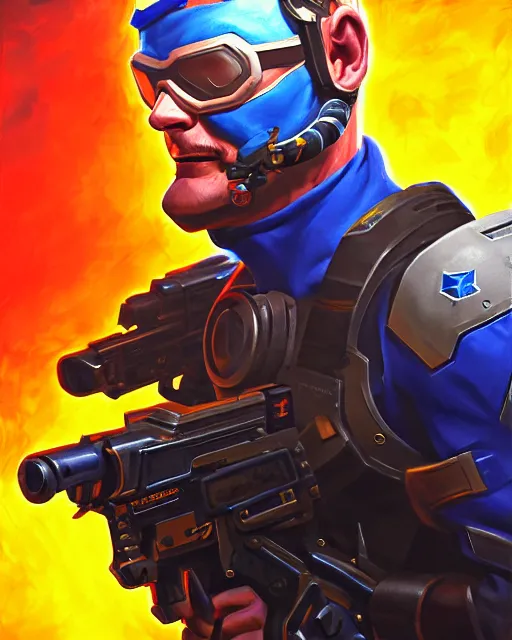 Prompt: soldier 7 6 from overwatch, colorful, fantasy, fantasy art, character portrait, portrait, close up, highly detailed, intricate detail, amazing detail, sharp focus, vintage fantasy art, vintage sci - fi art, radiant light, caustics, by boris vallejo