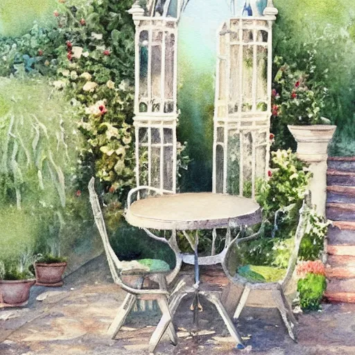 Prompt: delicate queen, chairs, garden, paved, botanic watercolors, iridescent, 8 k, realistic shaded, fine details, artstation, italian, iron gate, tree, mediterranean, marvelous