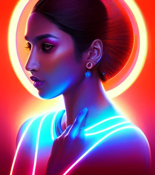 Image similar to symmetry!! indian princess of technology, solid cube of light, hard edges, product render retro - futuristic poster scifi, lasers and neon circuits, brown skin gorgeous indian princess, intricate, elegant, highly detailed, digital painting, artstation, concept art, smooth, sharp focus, illustration, dreamlike, art by artgerm