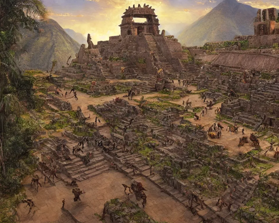 Image similar to dinosaurs walking through a mythical ancient Incan city by James Gurney and Hopper.