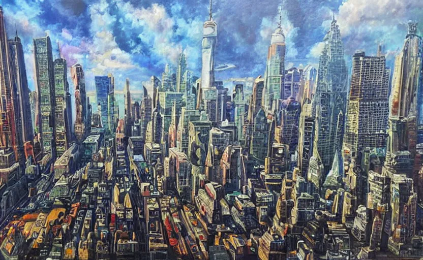 Image similar to an oil painting of an alien spaceship in the middle of new york; hyper-detailed; an extraordinary masterpiece!!!