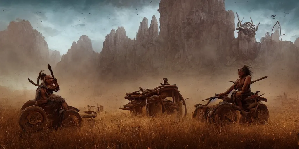 Prompt: photo of an ancient tribesman on ancient atv with big wooden wheels, hunting panicked buffalo herd ,attacking, wild chase, action scene, an epic fantasy, dramatic lighting, cinematic, establishing shot, extremely high detail, photorealistic, cinematic lighting, artstation, octane render, by simon stalenhag, horizon forbidden west,old photo, high speed photography, vintage