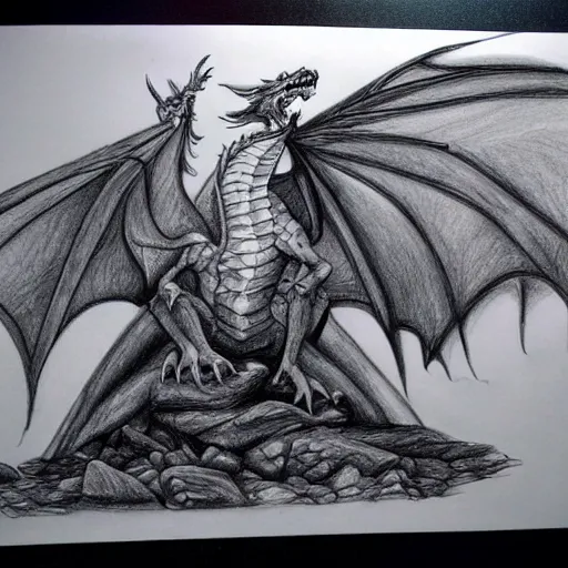 Image similar to epic dragon on a mountain drawing on paper, pencil drawing, extremly detailed, photorealistic, global illumination