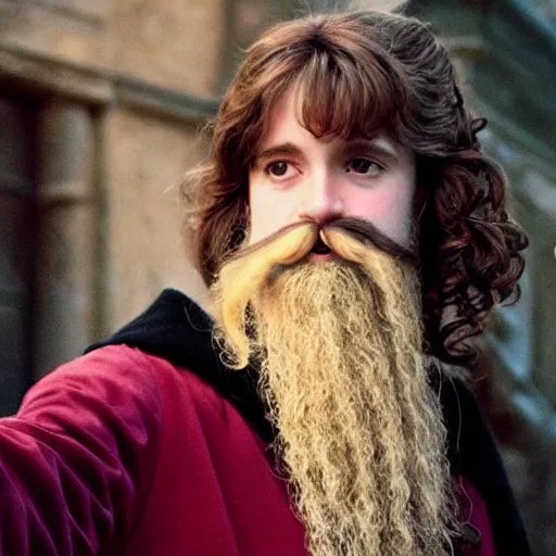 Prompt: hermione granger with a full beard and mustache