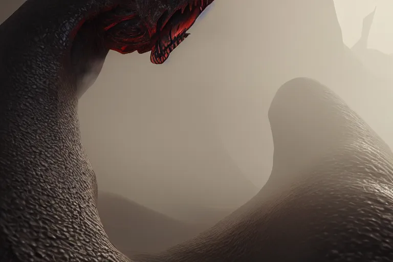 Prompt: amplified ritual engine, closeup portrait of a colossal volcanic serpent, shrouded in fog, dramatic lighting, unreal engine, cgsociety, artstation, 4k