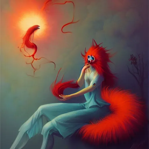 Image similar to prompt A beautiful red orange fluffy kumiho, Peter Mohrbacher