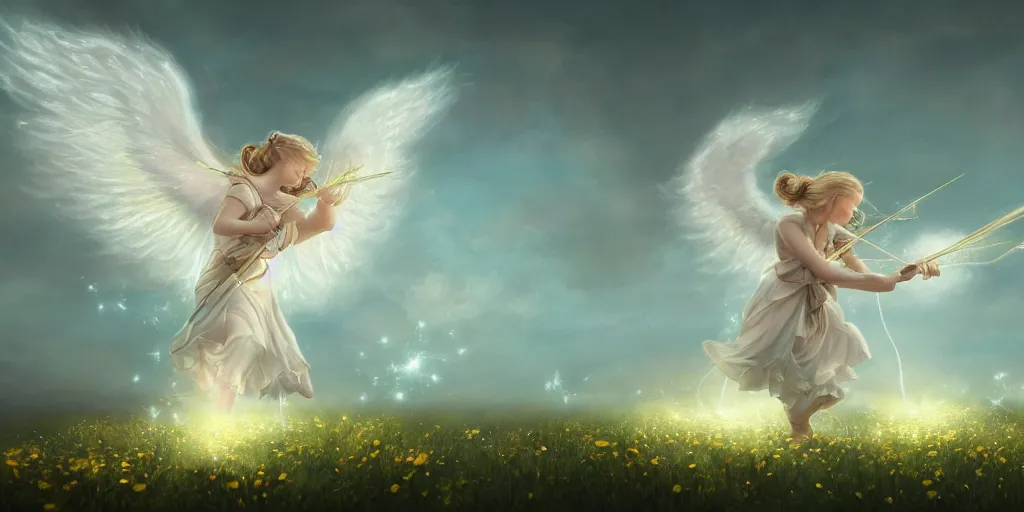 Prompt: An angel with white wings shooting luminous arrows with a bow on a country landscape covered with flowers, the arrows create flowers when they hit the country floor, inspired by Amandine Van Ray, Christophe Vacher, trending on artstation, heavenly colors, volumetric lighting