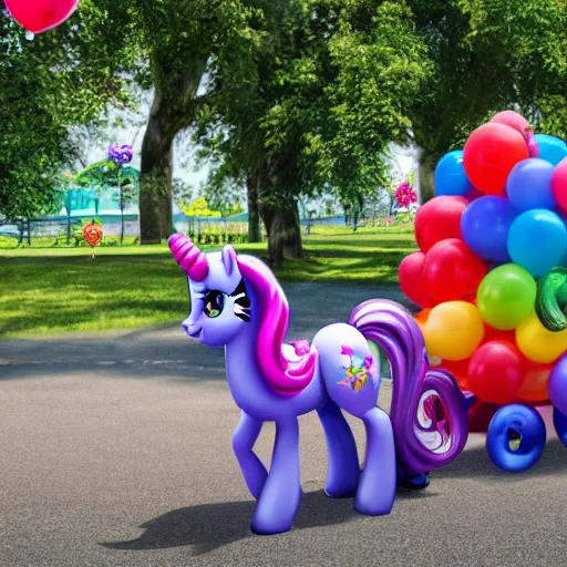 Image similar to (my little pony) giving rides to children at a birthday party in the city park. balloons, cake, presents, crazy, road trip, havoc, 8K, 4K, digital art