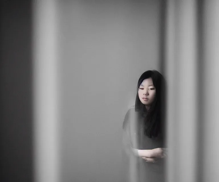 Prompt: award winning photography of an asian woman next to a window, detailed photography, beautiful lighting, 8 k, f / 2. 8, shutter speed of 2 seconds, 1 3 5 mm, extremely high quality, foggy