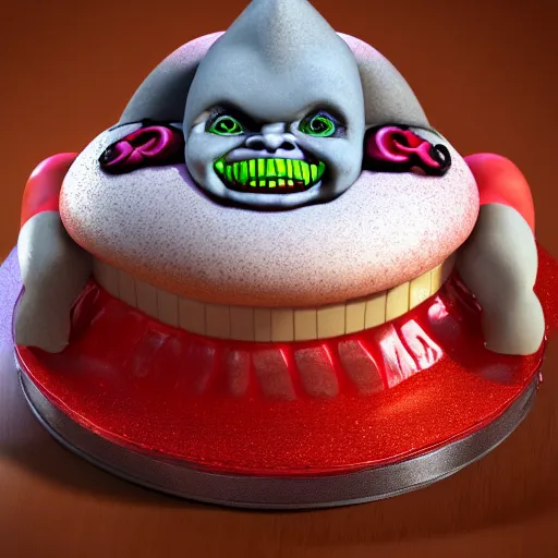 Image similar to birthday cake shaped like screaming chucky doll, octane render, centered