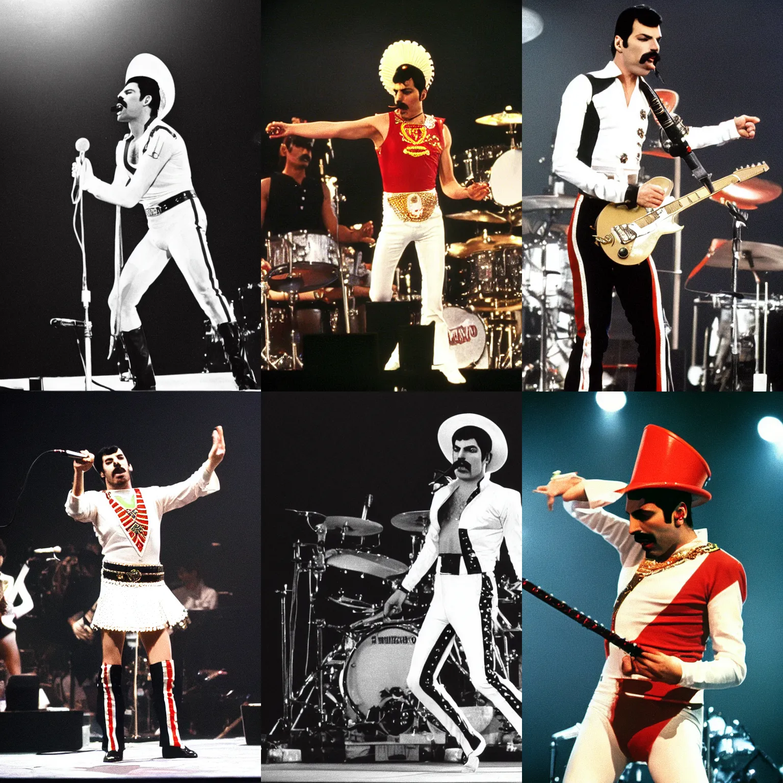 Prompt: Freddie Mercury wearing a Mexican sombrero on stage, live Wembley 1986, live concert photography, high quality
