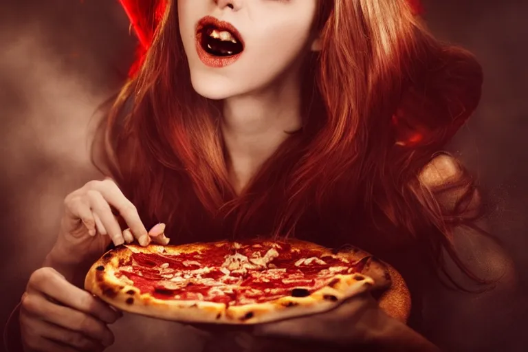 Image similar to A vampire eating a delicious pizza, studio portrait, dramatic lighting, trending on artstation