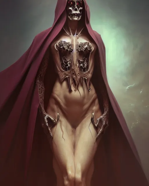 Prompt: portrait of a satanic grim reaper, detailed face, upper body, decorated, intricate, elegant, highly detailed, digital painting, artstation, concept art, smooth, sharp focus, illustration, art by artgerm and greg rutkowski and alphonse mucha, 8 k