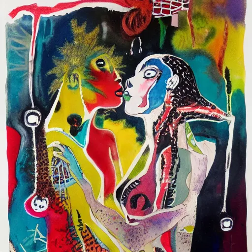 Image similar to watercolor painting of two bizarre psychedelic goth women kissing each other closeup in a aquarium in japan, speculative evolution, mixed media collage by basquiat and jackson pollock, maximalist magazine collage art, sapphic art, lesbian art, chemically damaged