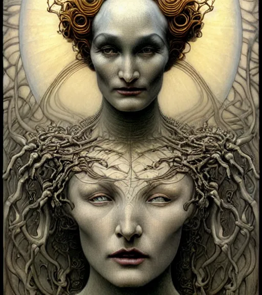 Image similar to detailed realistic beautiful young alien robot jessica lange as queen of mars face portrait by jean delville, gustave dore and marco mazzoni, art nouveau, symbolist, visionary, gothic, pre - raphaelite. horizontal symmetry by zdzisław beksinski, iris van herpen, raymond swanland and alphonse mucha. highly detailed, hyper - real, beautiful