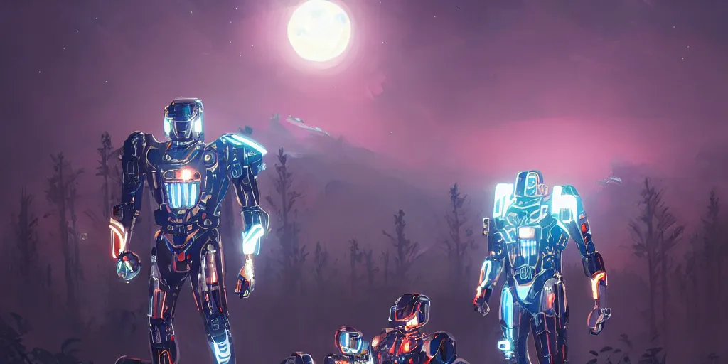 Image similar to professional painting of chrome mechsuits covered in reflective armor, beautiful moonlight, tron aesthetic, many glowing lights, beautiful forests and trees, art by Jason Chan and darek zabrocki and John Park and Feng Zhu, trending on artstation, masterpiece.