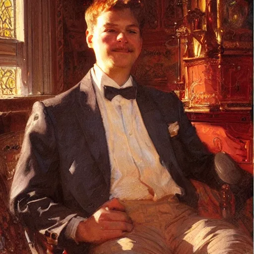 Image similar to detailed portrait of garfield in royal palace, spring light, painting by gaston bussiere, craig mullins, j. c. leyendecker