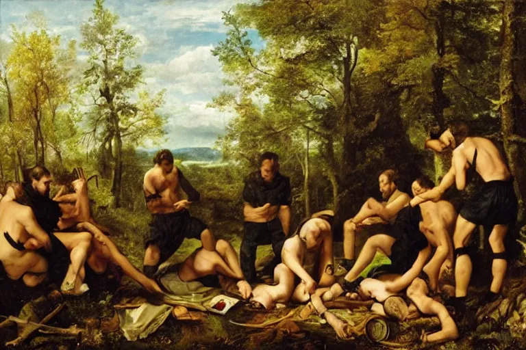 Image similar to mid - thirties guys binge drinking in a forest, in the style of skovgaard