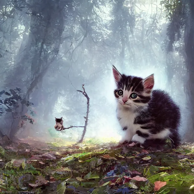 Image similar to a painting of a cute kitten in a forest. big eyes. disney character design by cory loftis, fenghua zhong, ryohei hase, ismail inceoglu and ruan jia. volumetric light, detailed, rendered in octane