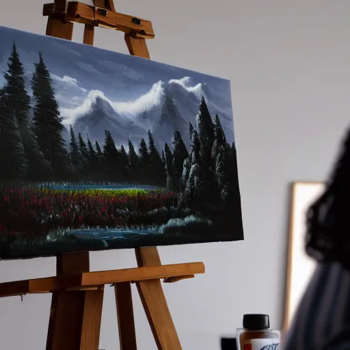 Image similar to a closeup photorealistic photograph of bob ross working on a canvas painting of darth vader. film still. brightly lit scene. mountains and trees. this 4 k hd image is trending on artstation, featured on behance, well - rendered, extra crisp, features intricate detail, epic composition and the style of unreal engine.