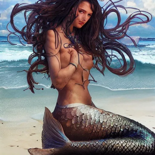 Image similar to a sad mermaid covered in a motor oil and thrash on the beach, ultra realistic, concept art, intricate details, highly detailed, photorealistic, octane render, 8 k, unreal engine. art by artgerm and greg rutkowski and magali villeneuve and alphonse mucha