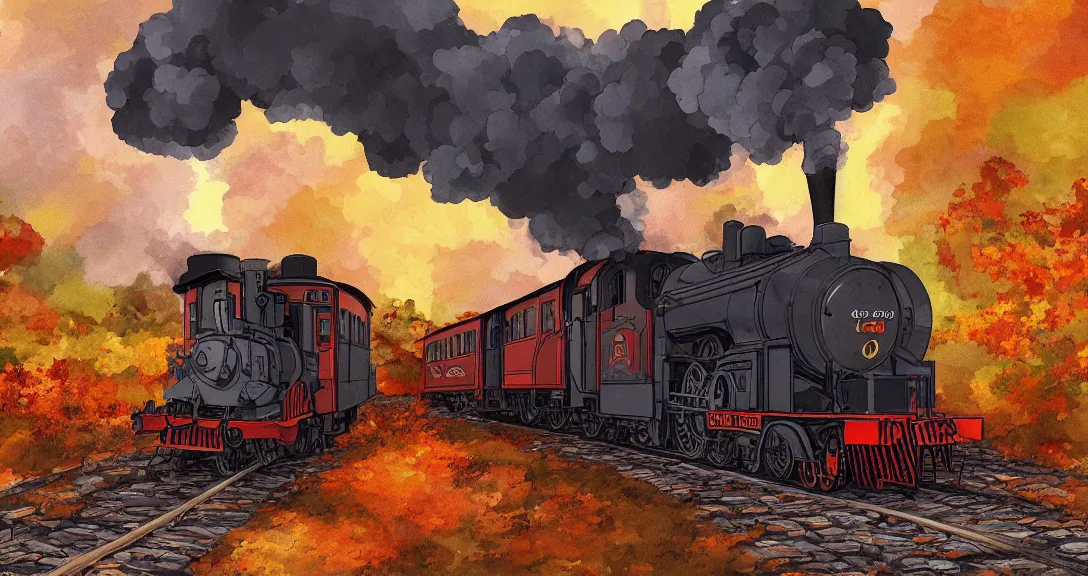 Image similar to cross - section close - up view of a steam train, autumn light, smoke, beautiful, by studio ghibli, digital art, concept art, sharp focus, illustration