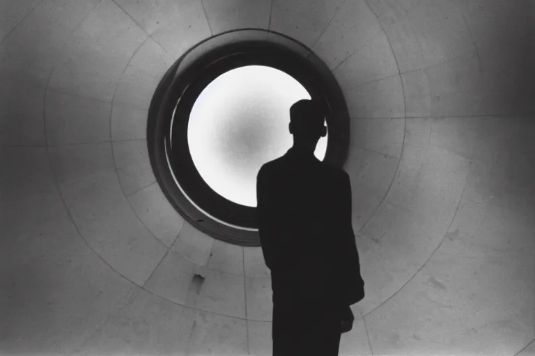 Prompt: black and white photography, a young man stands in the planetarium, decisive moment, anri cartier bresson