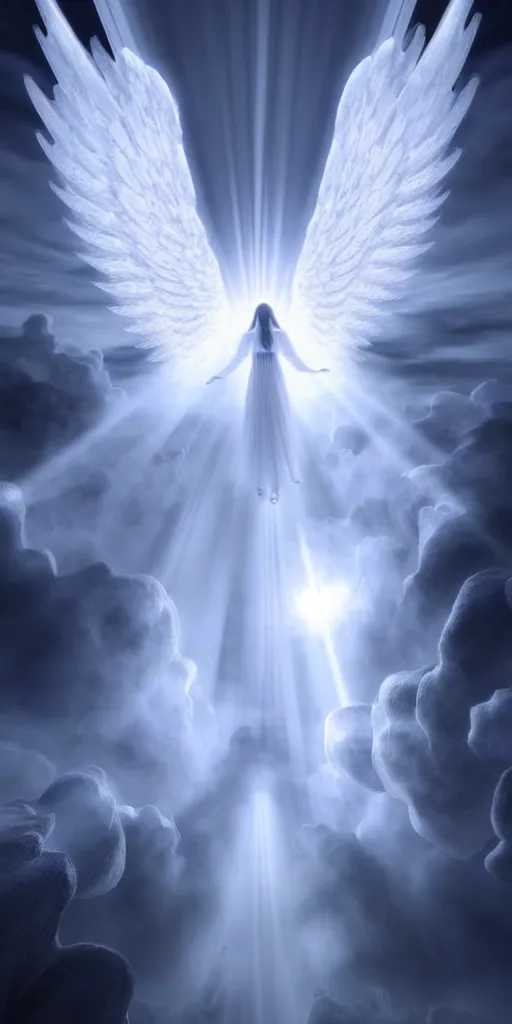 Image similar to a way to go to heaven. very beautiful and peaceful celestial way in the sky to go to the gate of heaven. we can see very detailed angels fly near this way. souls are across the way. white ominous. volumetric light, intricate, very beautiful fantasy art, digital illustration. unreal engine 5 rendering.